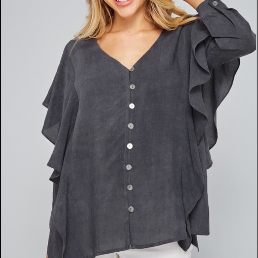 L Love Gray Flutter Ruffle Tunic Button Front 3/4 Sleeve 100% Cotton